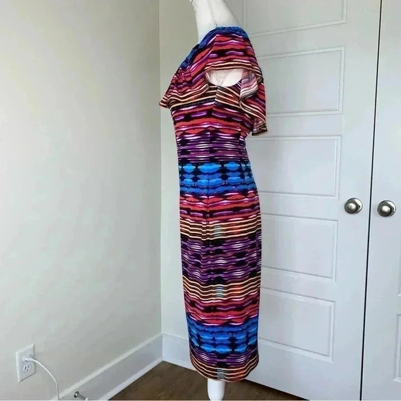 Maggy London Size 4 slimming Dress Ruffles Blue Purple Yellow Magenta Colors - Picture 6 of 10